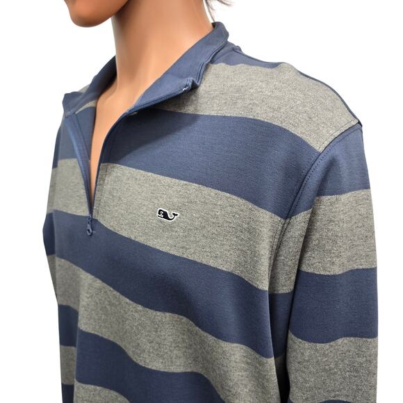 VINEYARD VINES Saltwater 1/4 Quarter Zip Sweater Men L Blue Gray Striped Cotton - Picture 7 of 11